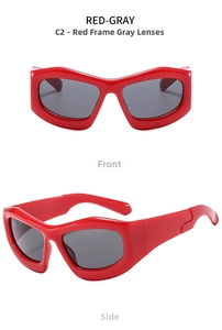 Close-up of chunky red geometric sunglasses with gray lenses in front and side views
