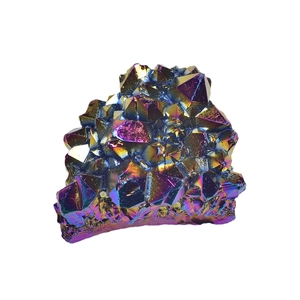 Rainbow titanium coated quartz crystal cluster geode on a clean white background