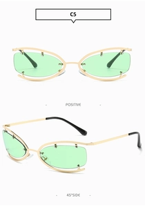 Detail view of gold rimless oval Y2K sunglasses with light green lenses and C5 code
