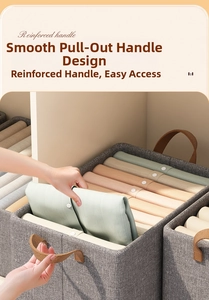 Detail view of foldable grey fabric storage bin with reinforced handle in a closet shelf