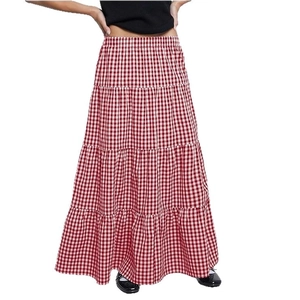 Detail of red and white plaid high waist tiered maxi skirt with three-layer cake design