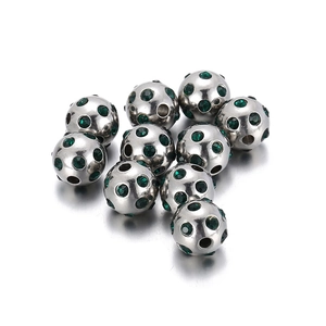 Sparkling silver stainless steel beads with green rhinestones for DIY jewelry making
