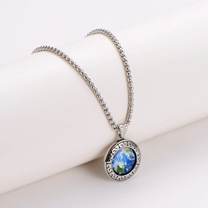 Hip hop style silver thick chain necklace with textured round earth map pendant