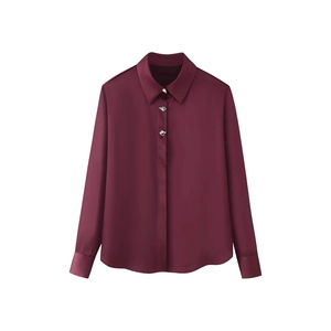 Blusa De Satén Rojo Vino Camisa De Manga Larga Textura Brillante Botones Metálicos Elegantes Top Con Solapa Para Mujer