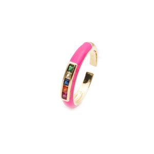 Pink enamel open ring in gold finish with colorful square zircon stones for women