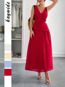 Abito Maxi Donna Scollo A V Senza Maniche Misto Lyocell Poliammide Vita Vuota Texture Plissettata Elegante Abito Lungo Vacanza