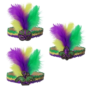Set of 3 Mardi Gras feather headbands with sequins in purple green and yellow colors