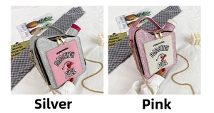 Detail of silver and pink oil tank shaped sequin crossbody bags with chain strap