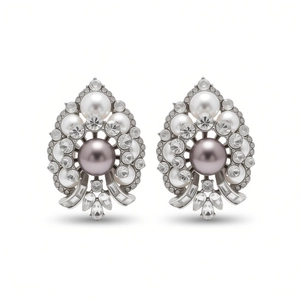 Vintage style grey pearl earrings with white pearls and sparkling cubic zirconia stones