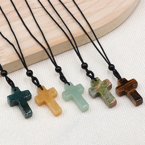 Natural crystal agate cross pendant necklace with hand-woven adjustable rope chain