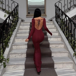 Elegant long-sleeved backless slim-fit maxi dress in burgundy with a deep open back design