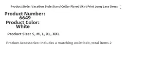 Size chart and specifications for white flare sleeve floral maxi dress with belt