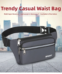Close-up of gray waterproof waist bag with three zipper pockets and adjustable buckle