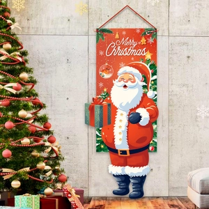 Cartoon Santa Claus Christmas door curtain banner with festive Merry Christmas wall hanging