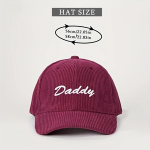 Detail of adjustable corduroy baseball cap with Daddy embroidery and 56-58cm size info