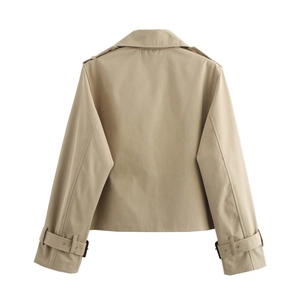 Women's short khaki trench coat with lapel collar and shoulder tabs, back view on white