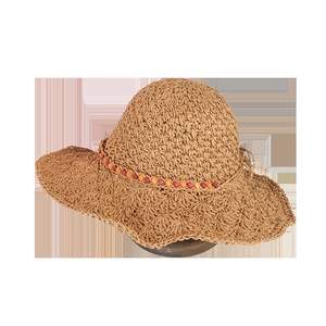 Handwoven wide brim straw beach hat with colorful bohemian wooden bead chain trim