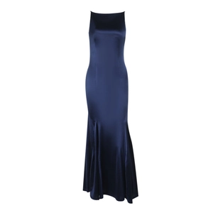 Robe de soirée sirène sans manches bleu marine élégante en satin brillant avec coupe ajustée