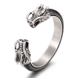 Retro stainless steel dragon head leather bracelet with silver accents for men