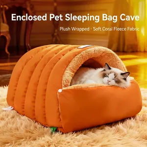 Semi-Enclosed Cat Nest Cave Bed Warm Winter Velvet Fleece Pet Sleeping Bag For Cats Small Dogs Dual-Mode Folding Design