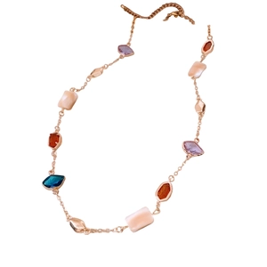 Vintage style square shell glass stone necklace with adjustable metal chain on white background