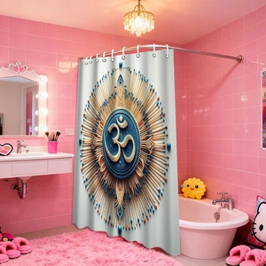 Detailed macro view of Om symbol shower curtain with 3D embossed pattern on white fabric