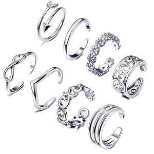 8pcs silver adjustable open toe ring set with carved infinity and flower designs