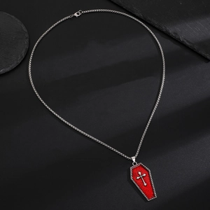 Gothic silver chain necklace featuring red coffin pendant with silver cross detail