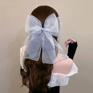 Light blue organza bow hair clip for women, elegant oversized mesh ribbon hair accessory