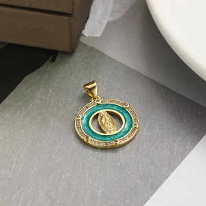 Detailed close-up of Virgin Mary pendant with turquoise enamel and zircon stones