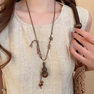 Gourd Pendant Necklace Wood Alloy Ceramic Ethnic Vintage Handmade Long Sweater Chain For Women Star Decor