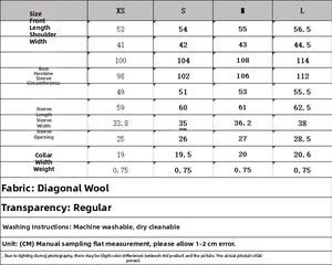 Size guide for women's short double-breasted coat in XS-L with fabric and wash care details