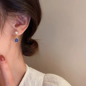 Vintage Klein blue flower earrings with pearl studs and gold trim for women
