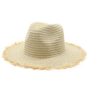 Women Paper Straw Fedora Hat Frayed Edge Wide Brim Summer Beach Sun Protection Jazz Style Breathable