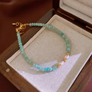 Amazonite Beaded Bracelet With Imitation Artificial Pearl Adjustable Gold Tone Clasp Elegant New Chinese Style Jewelry For Women