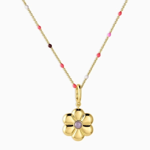Golden flower pendant necklace with purple gemstone and colorful beaded enamel chain