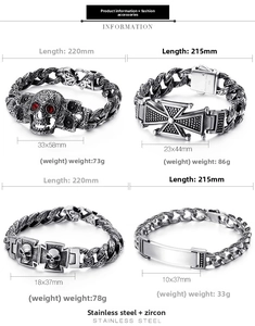 Detail specifications of four punk style skull and cross bracelets in vintage steel finish