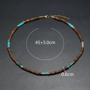 Ethnic wood bead necklace detail with dimensions 45+5cm and 0.6cm turquoise beads