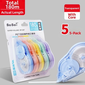 Detail of five colorful 36m correction tapes showing transparent PET shell and 5mm film