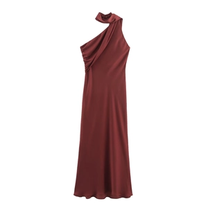 Robe Midi Satinée Une Épaule Élégante Froncée Col Écharpe Sans Manches Soirée Fête Cocktail Pour Femmes