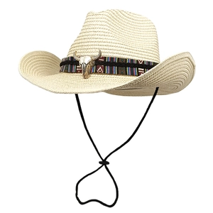 Cappello Di Paglia Cowboy Western Testa Di Toro Nastro Etnico Protezione Solare Corda Regolabile Pieghevole Esterno Estate