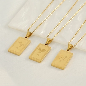 18K Gold Plated Stainless Steel Chinese Zodiac Pendant Necklace Rectangular Plate Guardian Deity Retro Unisex Jewelry