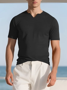 Close-up of black summer henley t-shirt with V-notch neck design for men in casual style