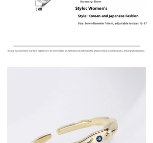 Détails de la bague dorée ajustable de 3mm de large avec zircon bleu rond incrusté