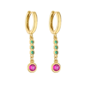 Close-up of gold drop earrings with pink and green zircon stones on white background