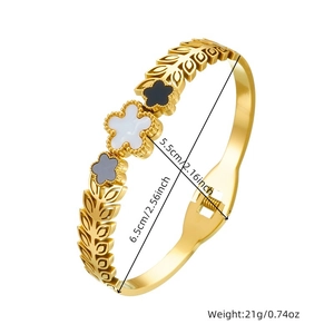 Vintage gold-plated stainless steel flower bangle with leaf texture and sizing details