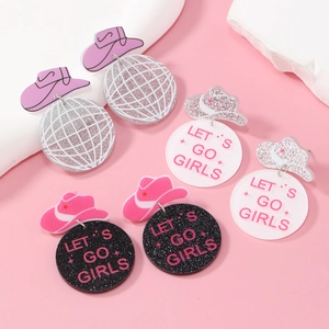 Three-set acrylic western cowboy hat disco ball earrings with Let's Go Girls text