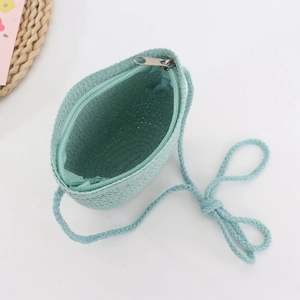 Borsa a tracolla in paglia intrecciata verde menta per bambini con cerniera e trama tonda