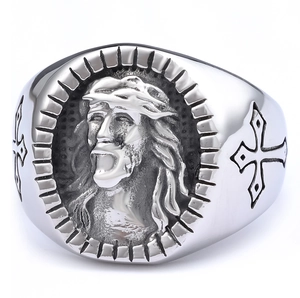 Vintage stainless steel oval ring featuring Jesus relief and side cross engraving