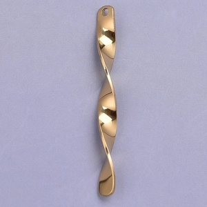 Close-up of a spiral twisted vertical bar pendant made of polished gold stainless steel